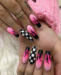 pink and black nails - flames