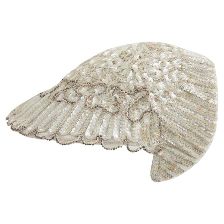 1920s Vintage - Sequinned Art Deco Cap / Hat - Front Hat Beading + Lace Lining For Sale at 1stDibs