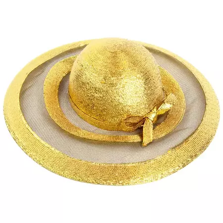 Frank Olive Vintage Gold Woven Straw and Mesh Wide Brim Hat With Bow For Sale at 1stDibs