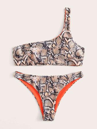 Snakeskin One Shoulder Hipster Cheeky Bikini Swimsuit | SHEIN USA