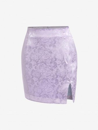 [42% OFF] 2022 Floral Jacquard Slit Bodycon Skirt In LIGHT PURPLE | ZAFUL