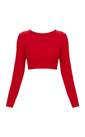 RED LACE UP BACK LONG SLEEVE CROP TOP