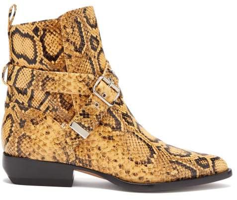 Python Effect Leather Ankle Boots - Womens - Black Yellow