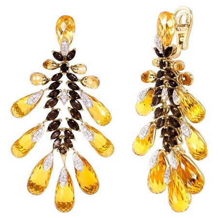 Gold-Plated 79 Carat Citrine, Smoky Quartz and Diamond Chandelier Earrings For Sale at 1stDibs