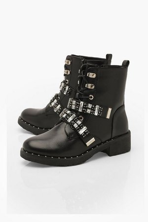 Diamante Strap Lace Up Hiker Boots | Boohoo