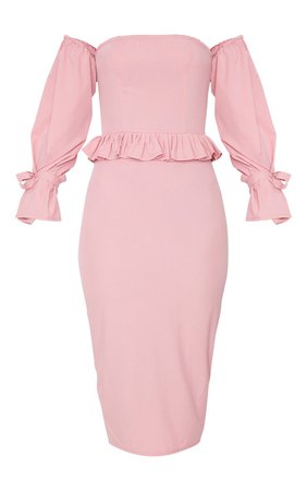 Dusty Pink Pleated Waist Bardot Midi Dress | PrettyLittleThing USA