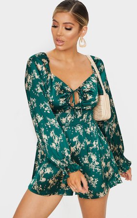 Emerald Green Floral Print Satin Playsuit | PrettyLittleThing
