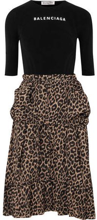 Stretch-jacquard And Leopard-print Crepe Dress - Black