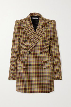 Double-breasted Checked Wool Blazer - Brown