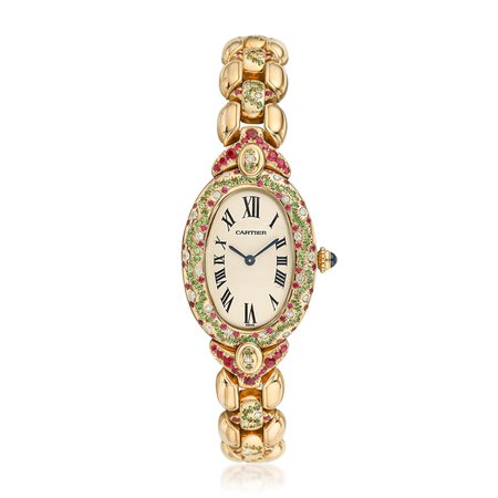 Cartier, Baignoire in 18K Gold with Diamonds Rubies Watch