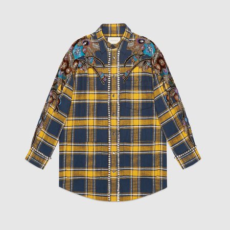 Embroidered plaid oversize shirt in Blue and yellow plaid wool | Gucci Women's Tops & Shirts