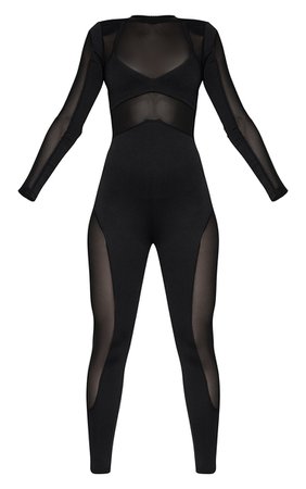 Black Long Sleeve Mesh Panelled Jumpsuit | PrettyLittleThing USA