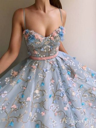 Embroidered Blue Prom Dress
