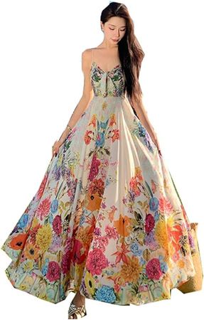 Amazon.com: YSTHPED Sling Dress Colorful Broken Flowers Suspender Strap high Waist Holiday Dress : Clothing, Shoes & Jewelry