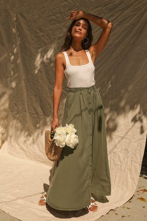 PISTOLA Olive Green Skirt - Maxi Skirt - Button-Up Skirt