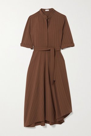 Brown Belted bead-embellished pinstriped woven midi shirt dress | Brunello Cucinelli | NET-A-PORTER
