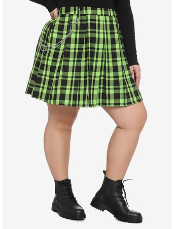 Green & Black Plaid Pleated Chain Skirt Plus Size