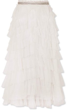 Leilah Crystal-embellished Ruffled Tulle Midi Skirt - Ivory