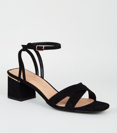 Black Suedette Square Toe Block Heel Sandals | New Look