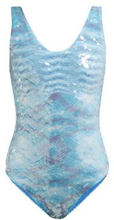 Mare - Sequinned Variegated Knit Swimsuit - Womens - Light Blue