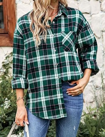 Wanzetaly Womens Casual Oversized Flannel Plaid Button Down Long Sleeve Shirts 2023 Fashion Blouse Tops with Pocket(0085-Green-M) at Amazon Women’s Clothing store