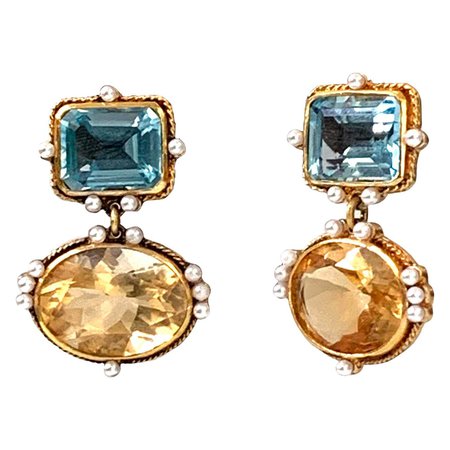 Renaissance Style Blue Topaz Citrine and Pearl Gilded Sterling Silver Earrings For Sale at 1stDibs