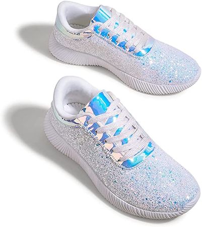 .com .com, BELOS Women's Glitter Shoes Sparkly Lightweight  Metallic Sequins Tennis Shoes(9B(M) US, White), Fashion Sneakers