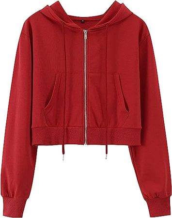 Casual Workout Long Sleeve Crop Tops Zip Up Hoodies Sweatshirts (WineRed, M) at Amazon Women’s Clothing store