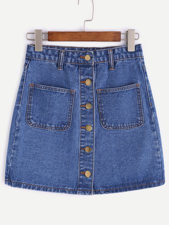 Blue Single Breasted Dual Pockets Denim Skirt
