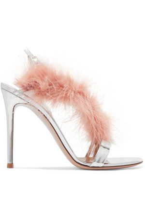 Gianvito Rossi | 105 feather-trimmed mirrored-leather slingback sandals | NET-A-PORTER.COM