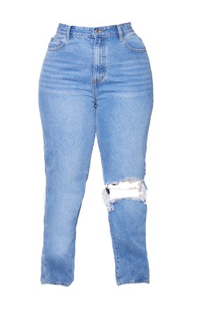 Plus Light Blue Wash Open Knee Straight Leg Jeans | PrettyLittleThing USA