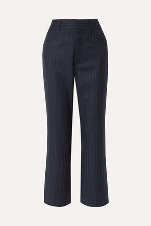 70s Cropped Pinstriped Wool Bootcut Pants - Navy
