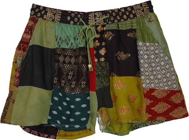 Olive Garden Mixed Prints Patchwork Girls Rayon Shorts | Shorts | Green | Junior-Petite, Beach, Indian, Handmade, Cotton Shor