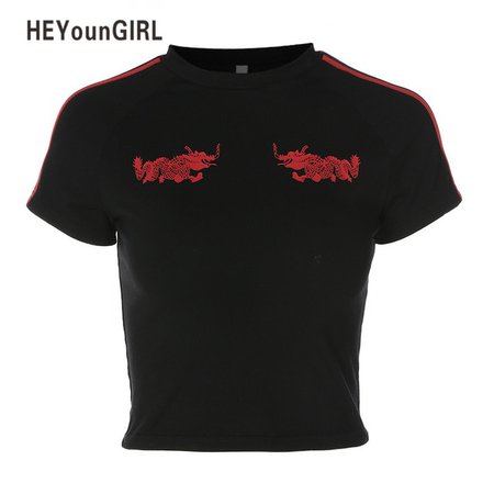 HEYounGIRL Black Short Sleeve Women Crop Top 2018 Summer Casual T Shirts Cotton Print Chinese Dragon Side Ribbon Striped T shirt-in T-Shirts from Women's Clothing on Aliexpress.com | Alibaba Group