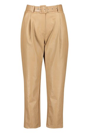 Self Fabric Belted Leather Look Trousers | Boohoo beige