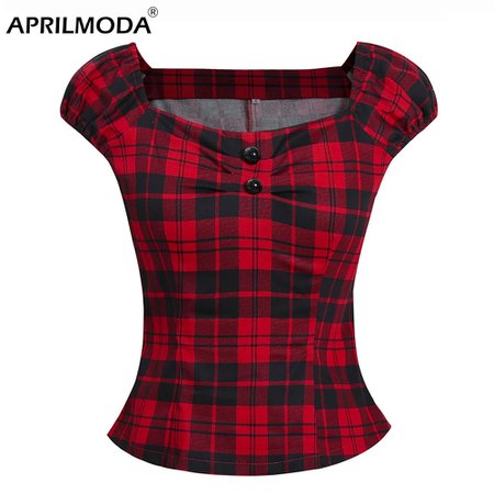 Red Plaid Rockabilly 50s Blouse
