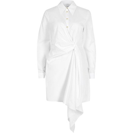 White long sleeve twist front shirt dress | River Island