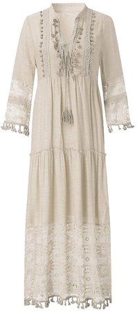 Amazon.com: Bohemian Dress for Women V Neck Long Sleeve Tassel Plus Size Long Lace Dress Vacation Beach Ethnic Style Maxi Dresses : Clothing, Shoes & Jewelry
