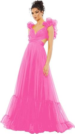 VINCENTYUQ Ruched Elegant Evening Dress for Women 2023 Backless Formal Long Chiffon Ruffle Wedding Guest Dresses at Amazon Women’s Clothing store