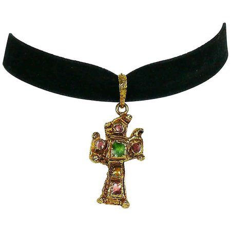 Christian Lacroix Vintage Cross Pendant Velvet Choker Necklace