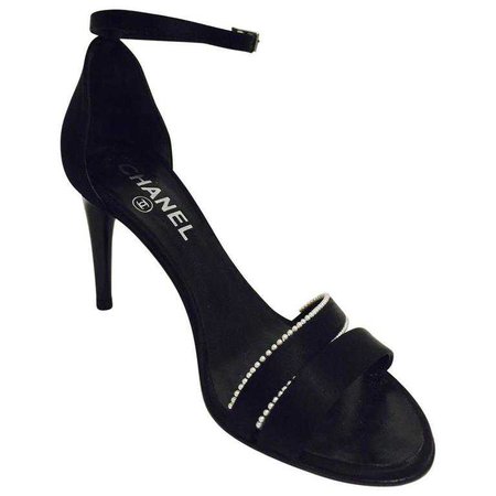 Chanel Black Satin Strappy High Heel Sandals With Pearl Trim For Sale at 1stdibs