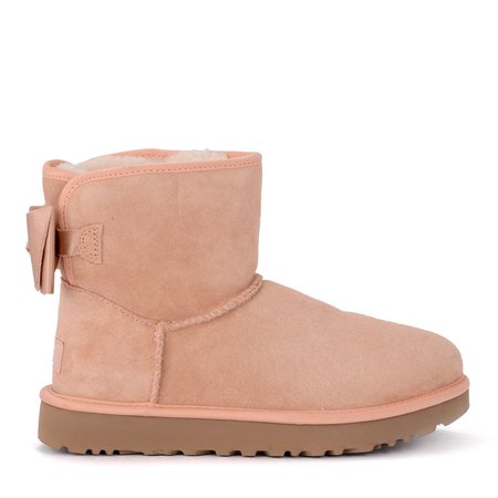 Ugg Mini Bailey Bow Pink Sheepskin Ankle Boots With Satin Bow.