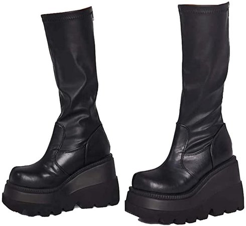 Amazon.com | CELNEPHO Womens High Platform Mid Calf Wedges Chunky High Heel Round-Toe Side Zip Fanshion Combat Boots for Women | Mid-Calf