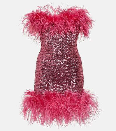 Feather Trimmed Sequined Minidress in Pink - Oseree | Mytheresa