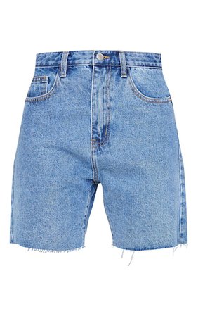 Plt Mid Blue Wash Longline Fitted Denim Shorts | PrettyLittleThing
