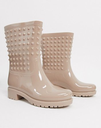 ASOS DESIGN Grateful studded knee high rain boots in pink | ASOS