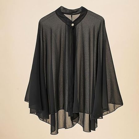 Jdlsppl Women's Sheer Top Summer Blouse Cape Soft Fashion Chiffon Spring Tie Neck Loose Batwing Sleeve Shirt Black Small-X-Large at Amazon Women’s Clothing store
