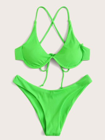 Neon Green Rib Underwire High Cut Bikini Swimsuit | SHEIN USA