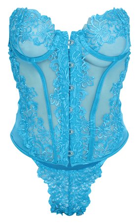 *clipped by @luci-her* Bright Blue Floral Embroidered Corset Lingerie Set | PrettyLittleThing USA
