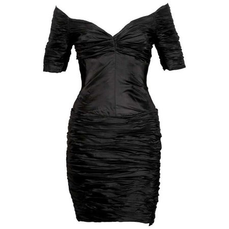 1980's LORIS AZZARO black ruched off the shoulder dress For Sale at 1stdibs